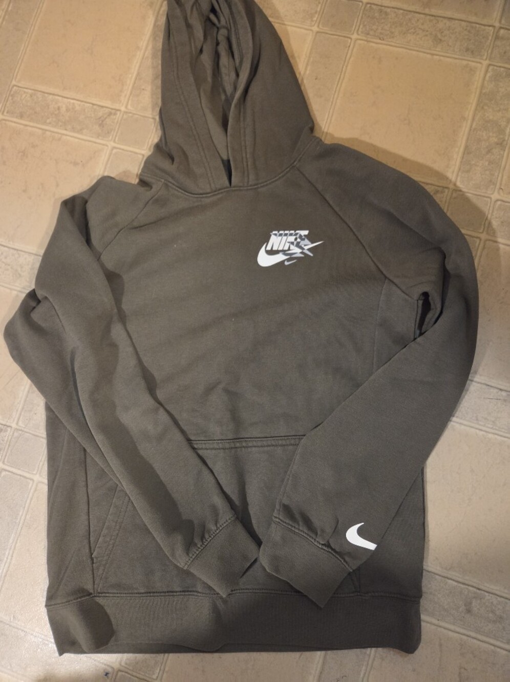 Nike Boys Olive Pullover Hoodie with White Logos